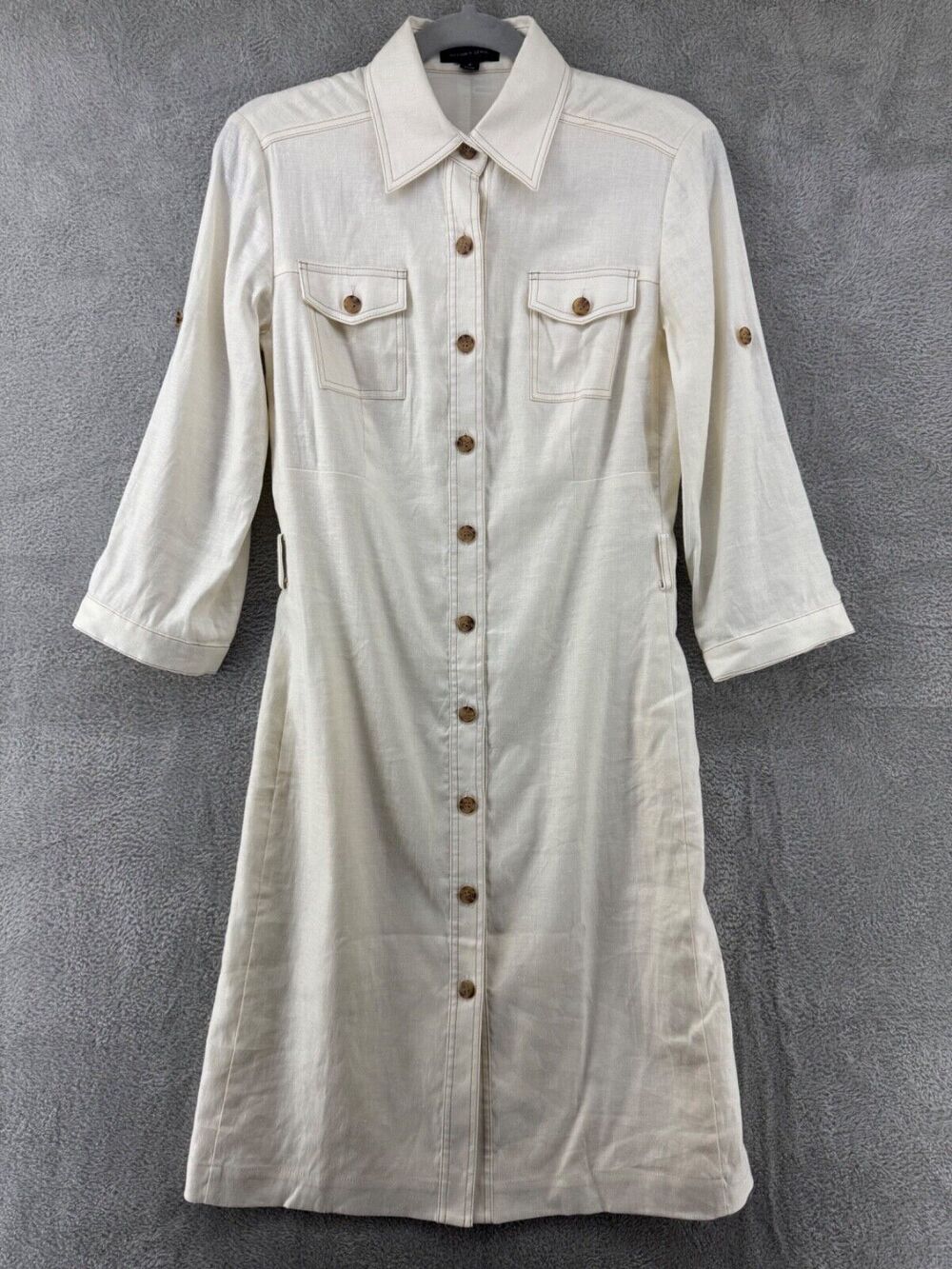 Tahari Dress Womens 4 Ivory Linen Midi Length Collar Button Up Roll Tab Lined